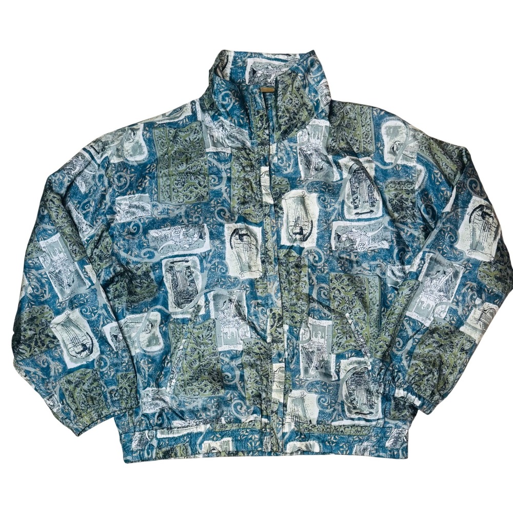 EVR Silk Teal Blue Bomber Jacket Vintage Grecian Harp Print Women's PS
